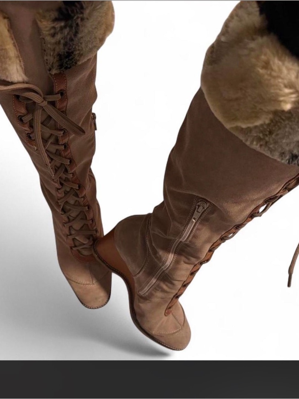 Faux-Fur Cuffed Over-the-Knee Lace-Up Boots - Brown